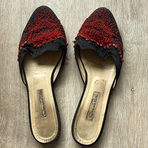 Oscar de la Renta Spanish Mules in black and red satin.